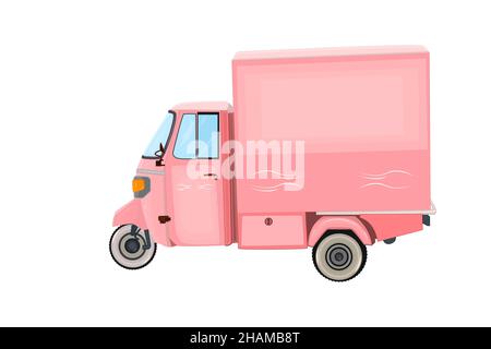 Pink van isolated on white background. Vintage delivery car. Cartoon little truck. Small rosy cargo auto. Retro mini lorry side view. Cute ice cream w Stock Vector