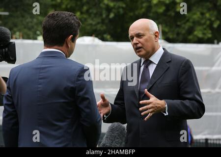 Iain Duncan Smith holds an interview at Westminster during the post-Brexit uncertainty. Stock Photo