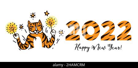 New Year of the tiger 2022 concept banner. Numbers of the year 2022 with stripes and cute happy tiger character celebrating new year. Hand drawn vecto Stock Vector