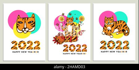 New Year of the Tiger card set. Funny Tiger cartoon characters celebrate New Year of 2022. Vector poster, banner, greeting card, invitation or flyer i Stock Vector