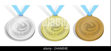 set of sport volleyball medals emblem with ball in laurel wreath for competition. Gold, silver and bronze award with blue ribbon. 3d vector Stock Vector