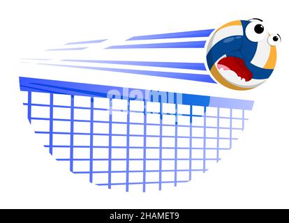 Loud funny scared volleyball ball flies with great speed after great hit over net. Sport equipment. Cartoon vector Stock Vector