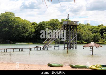 Zipline Tower at Praia da Figueira in Bonito, Mato Grosso do Sul, Brazil. January 2013. Stock Photo