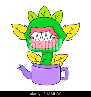 sharp-toothed monster flower growing in a pot, vector illustration art. doodle icon image kawaii. Stock Vector