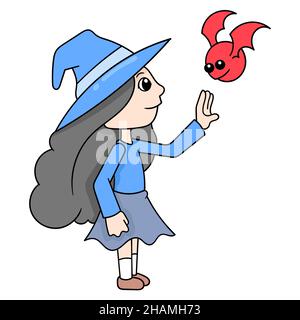 female witch interacting with bats, vector illustration art. doodle icon image kawaii. Stock Vector