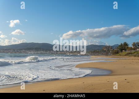 Can Pere Antoni beach in the city of Palma de Mallorca, a day of windy autumn storm at sunset. Sublime landscape Stock Photo