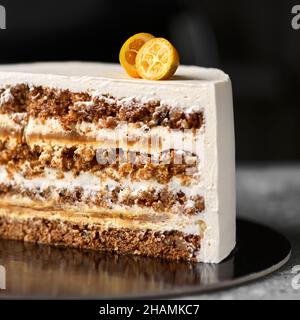 Carrot cake with salted caramel. Selected focus, close up. Cake for birthday or another celebration Stock Photo
