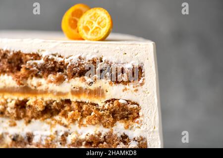 Carrot cake with salted caramel. Selected focus, close up. Cake for birthday or another celebration Stock Photo