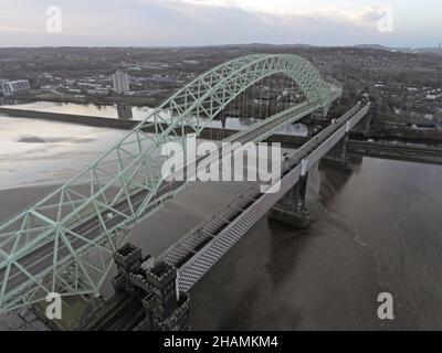 Aerial view of a bridge over the river. Runcorn