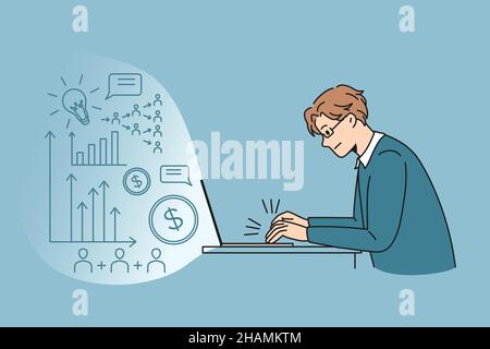 Freelance, innovation and startup concept. Young man businessman sitting working at laptop innovating business project online making money vector illustration  Stock Vector