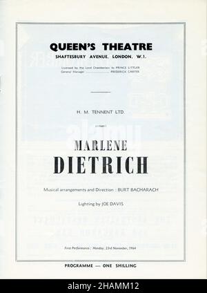 Inside Title Page of Programme for MARLENE DIETRICH appearing in cabaret at the Queen's Theatre Shaftesbury Avenue London in November 1964 musical arrangements and direction BURT BACHARACH Stock Photo