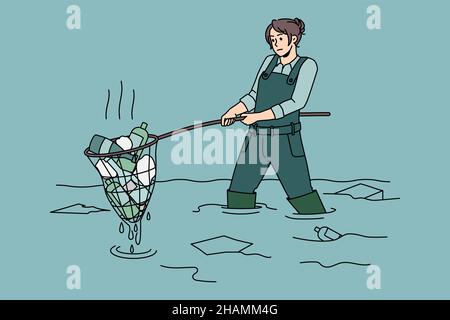 Taking care of Ecology and environment concept. Volunteer girl sitting in water and picking up collecting garbage trash taking care of ecological situation vector illustration  Stock Vector
