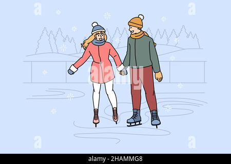 Winter activities and sport concept. Young couple boy and girl holding hands skating on rink outdoors in winter having fun together vector illustration  Stock Vector