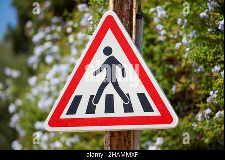 Pedestrian crossing sign, danger, A13b warning sign *** Local Caption *** Stock Photo