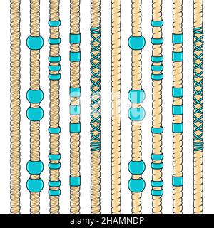 Set of color vertical seamless patterns with blond dreadlocks and turquoise ornaments. Isolated vector objects on a white background. Stock Vector