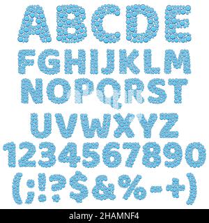 Alphabet, numbers and signs made of bubbles. Isolated vector objects on a white background. Stock Vector
