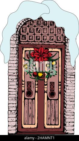 Closed snow covered entrance in snow with Christmas wreath.Hand drawn vintage door. Stock Vector