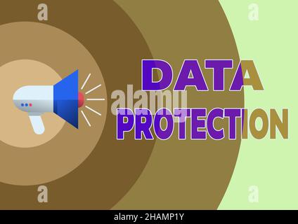 Hand writing sign Data Protection. Word Written on safeguarding information away from a possible data breach Illustration Of A Loud Megaphones Speaker Stock Photo