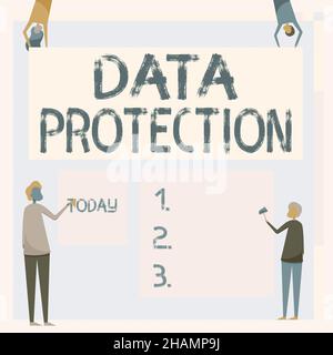 Hand writing sign Data Protection. Word Written on safeguarding information away from a possible data breach Four Colleagues Drawing Standing Holding Stock Photo