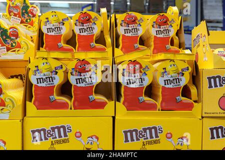 Tyumen, Russia-December 02, 2021: Milk chocolate m and ms made by Mars Inc. Selective focus Stock Photo