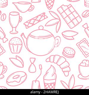 Tea party with sweets seamless pattern in doodle style Stock Vector