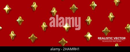 Seamless pattern with Golden Stars on luxury Red background. Elegant background with Golden Stars for Wrapping paper Festive backdrop with stars Exquisite decorative 3d render object. Realistic vector Stock Vector