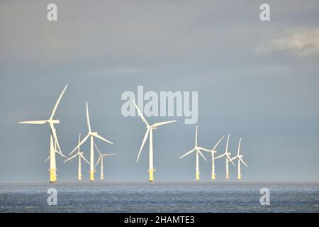 Gwynt y Môr (sea wind)  576-megawatt (MW) offshore wind farm located off the coast of Wales and is the fifth largest operating offshore wind farm Stock Photo