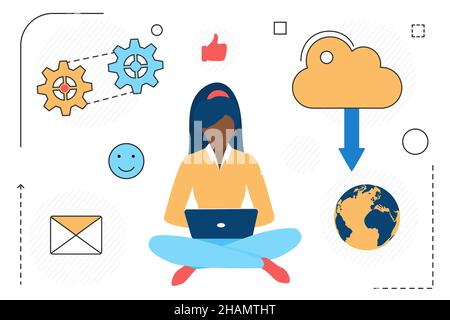 Global data cloud storage source download process. Storing and management company infodata services Stock Vector