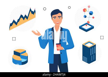 Financial management using modern technologies and big data. Analysis of business economic indicators , isometric vector design isolated Stock Vector