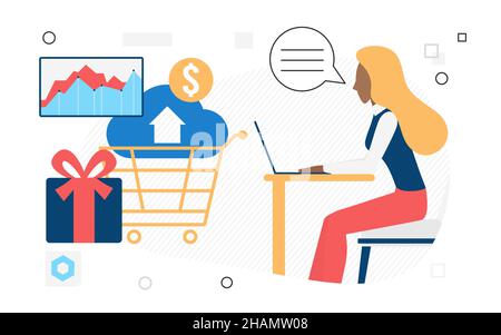 Ecommerce market industry researching infodata analytics. Tracking process of statistic results system Stock Vector