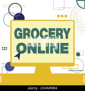 Text sign showing Grocery Online. Business idea digital version of supermarket accepting online ordering Illustration Of Cursor In Blank Screen Stock Photo