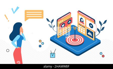 Internet marketing, business promotion and website promotion in social networks. Targeting and SEO technologies, isometric vector image Stock Vector