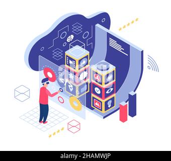 Virtual reality environment computer technology. Digital modeling and simulating of real world Stock Vector