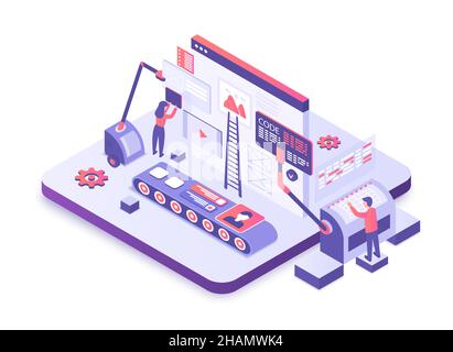 Software back end web development team. Website code building and technical maintenance process Stock Vector
