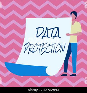 Inspiration showing sign Data Protection. Word for safeguarding information away from a possible data breach Man Standing Holding Large Blank Paper Stock Photo