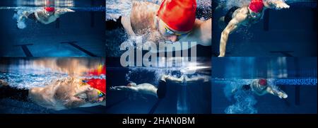 Set of imagesof male swimmer in red cap and goggles in motion and action during training at pool. Stock Photo