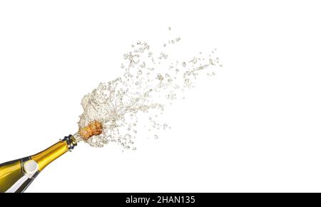 bottle of champagne with splashes of wine on the white background. Stock Photo