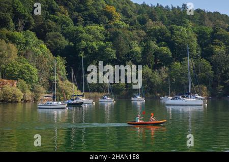View in summer of a couple in a canoe paddling across Lake Windermere against a scenic backdrop of moored yachts and densely wooded hills, England, UK Stock Photo