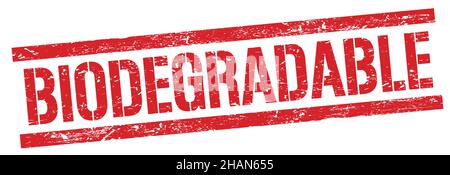 BIODEGRADABLE text on red grungy rectangle stamp sign. Stock Photo