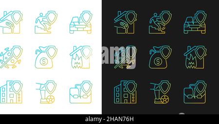 Accidents insurance policies gradient icons set for dark and light mode Stock Vector