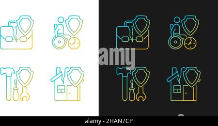 Accidents insurance types gradient icons set for dark and light mode Stock Vector