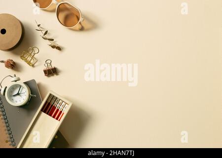 Various stationery, school office supplies on beige background. workspace. flat lay, top view, copy space Stock Photo