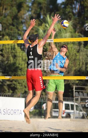 IZMIR, TURKEY - JULY 10, 2021: Germany (Just and Wust) vs Slovenia (Mozic and Bracko) Quarterfinal match of CEV U20 Beach Volleyball European Champion Stock Photo