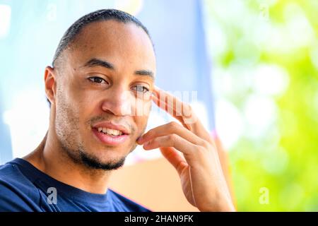 Athlete Pascal Martinot-Lagarde, 100m hurdles, attending the Kinder Joy of Moving Athletics Day in Rouen (northern France) on September 18, 2021 Stock Photo