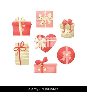Set of vector illustrations of gift boxes with bows. Illustrations for Valentine's Day in flat style Stock Vector