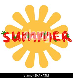 summer text strawberry font, berry letters on simple abstract sun background template vector illustration Stock Vector