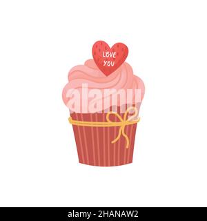 Vector illustration of cupcakes with pink cream and a heart for decoration. Illustration for Valentine's Day. Stock Vector