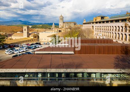 Panoramic aerial view of the city of Girona with the bell tower of the cathedral in the background. Catalonia, Spain Stock Photo