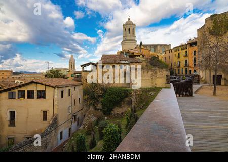 View of a corner of the historic quarter of the city of Girona with the cathedral in the background. Catalonia, Spain Stock Photo