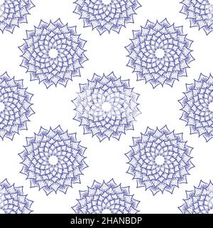Mandala floral vector pattern seamless background. Delicate drawn flowers geometric backdrop in periwinkle violet purple, white. Resembling crochet Stock Vector